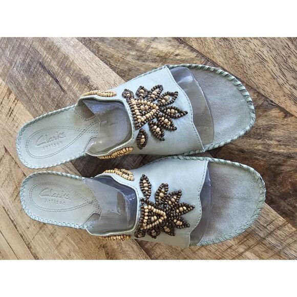 Clarks Artisan Collection Green Empress Beaded Wooden Wedge Sandal Size 7 M EUC - Picture 4 of 12